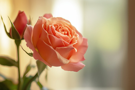 A close-up of a peach-colored rose in soft focus, with a bud nearby. The backgr, an Arts & Entertainment Photo by Textures & Backgrounds