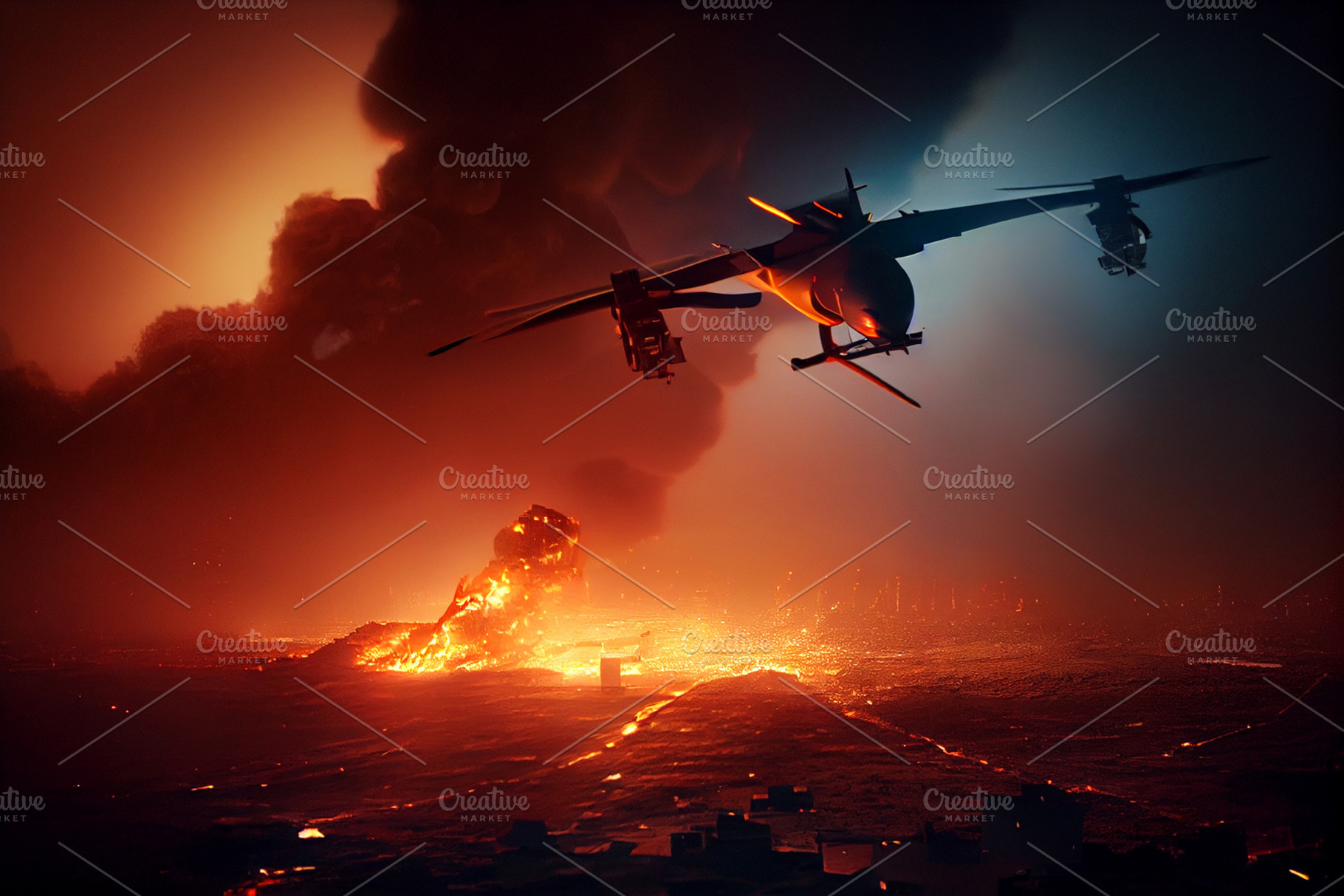 Military drone flyes above the war z, a Technology Photo by New York Art Store