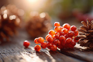 Vibrant red berries on wooden surface with pine cones, a Nature Photo by AlyaAnd