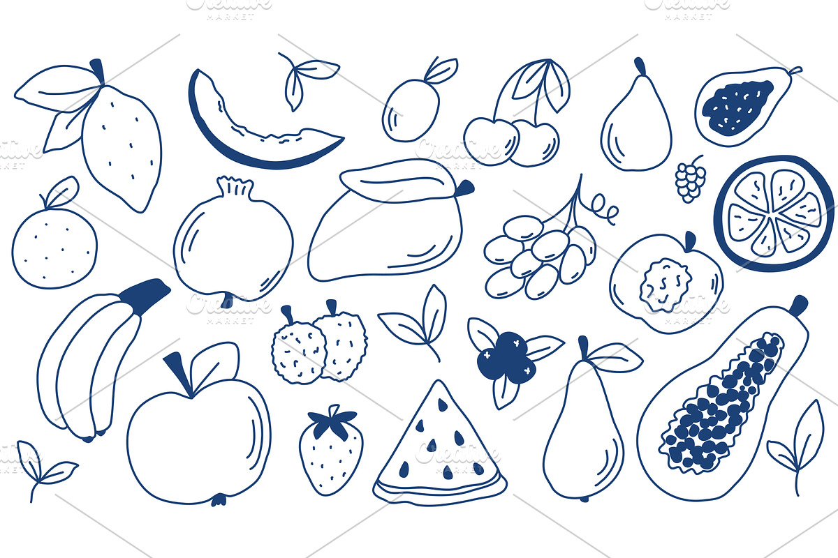 Hand drawn set of fruits and berries, a Food Illustration by Tati_Kli