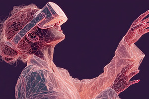 Wireframe woman in VR headset reaching out with glowing pink lin, an Abstract Photo by José Manuel Gelpi