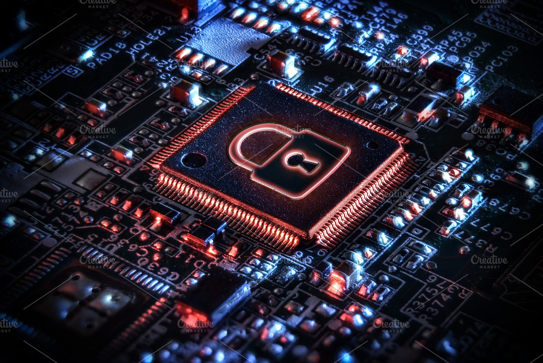 Diigital protection chip with padlock symbol on printed circuit, a Technology Photo by Davizro's Market