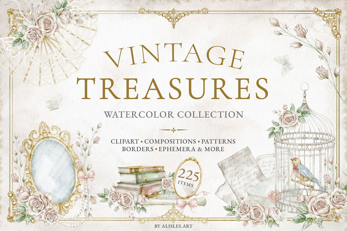 Vintage Watercolor Clipart Bundle, a Decorative Illustration by Alisles (Photo 1 of 12)