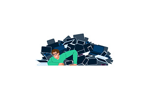 Stressed man drowning in pile of, a Technology Illustration by pikepicture