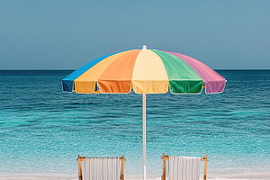 Bright beach umbrella and comfortable beach chairs on sandy shore by clear blue, a Photo by AlyaAnd