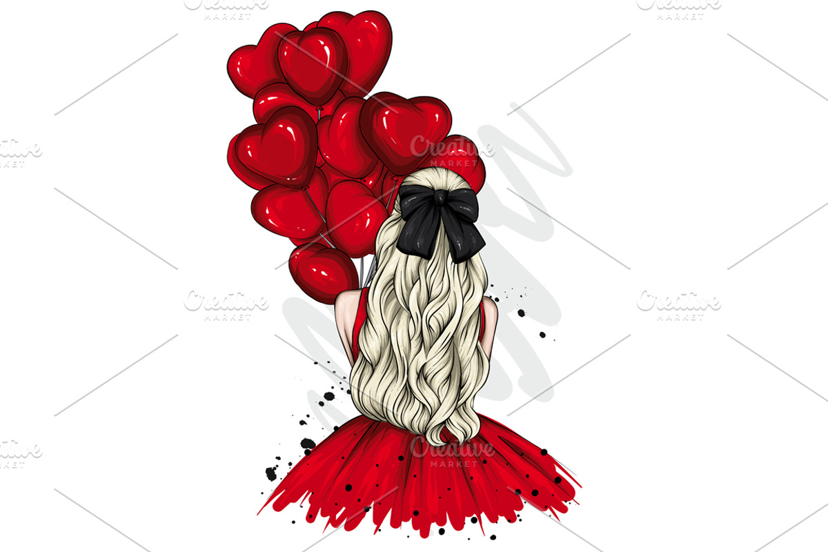 Girl with balloons. Stylish clothes, an Illustration by Vitaliy Grin