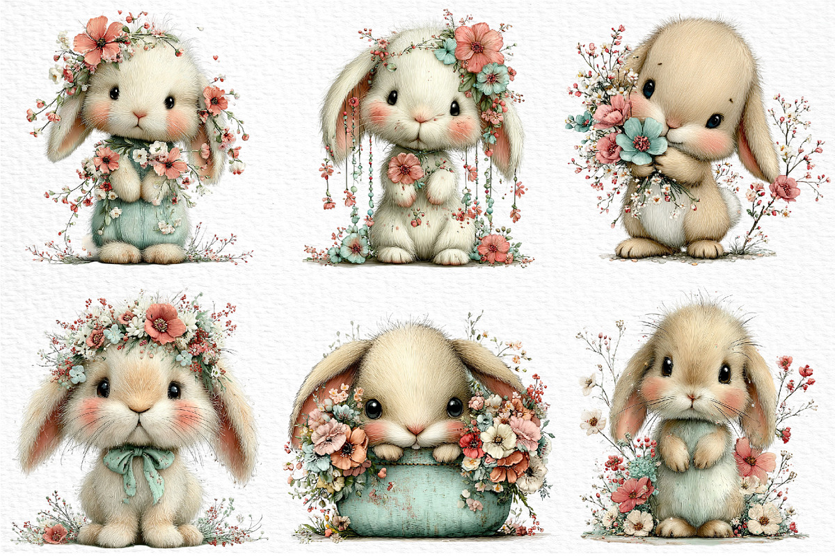 Bunny and Flowers Clipart PNG, an Illustration by Craft Nest (Photo 3 of 12)