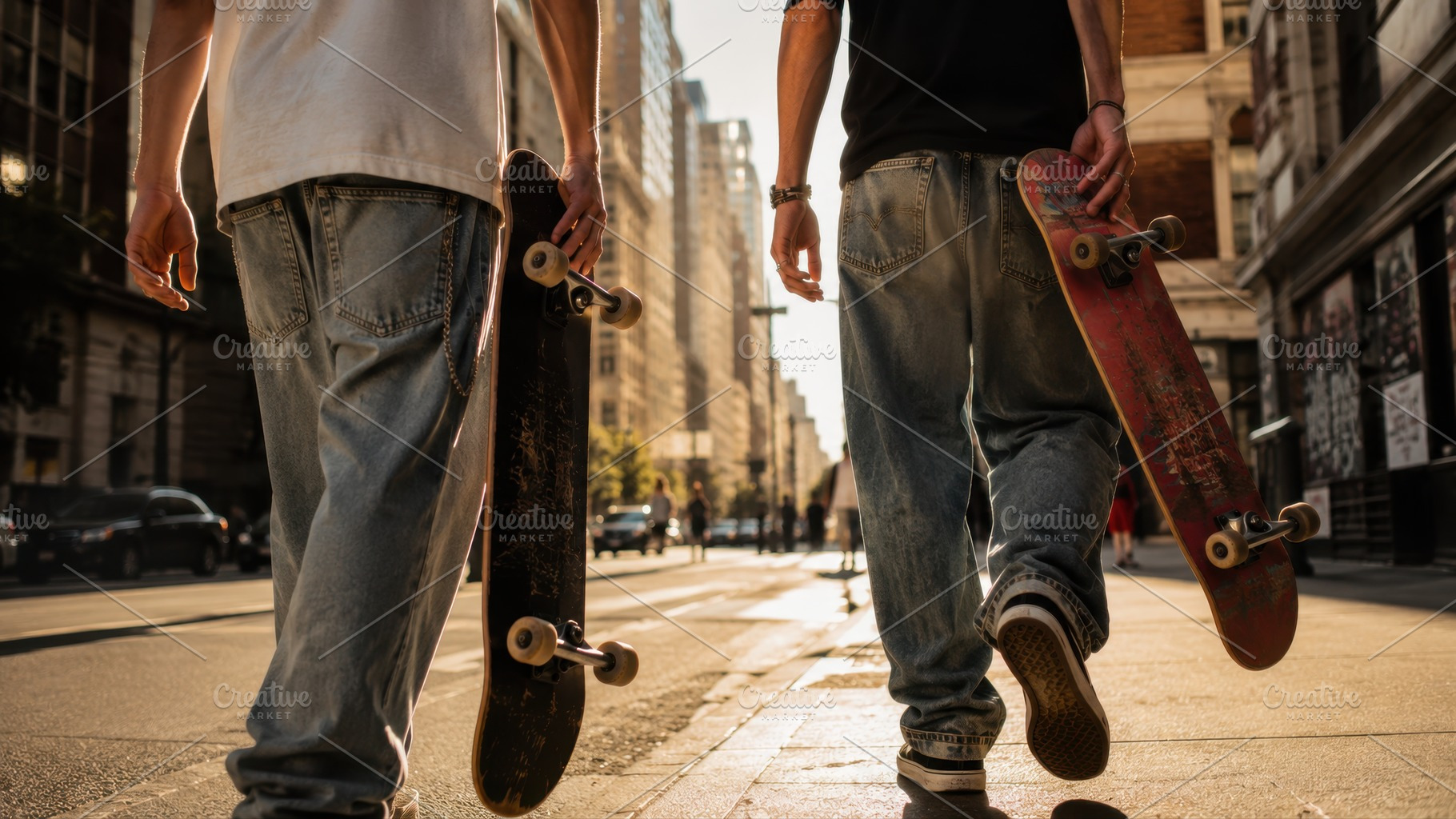 Skateboarders walk down the street, a Photo by Beautiful things
