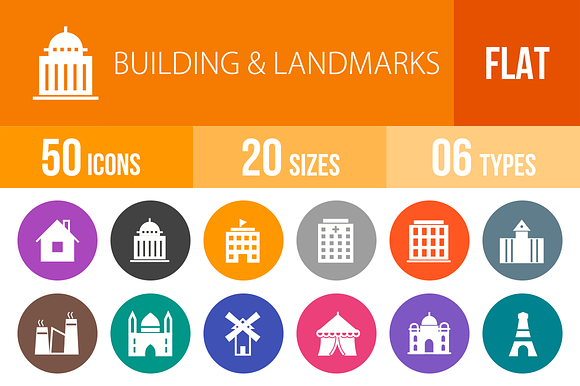 50 Buildings Landmarks Flat Round