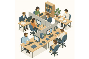 busy modern office workspace vector, a Person Illustration by AlexArt