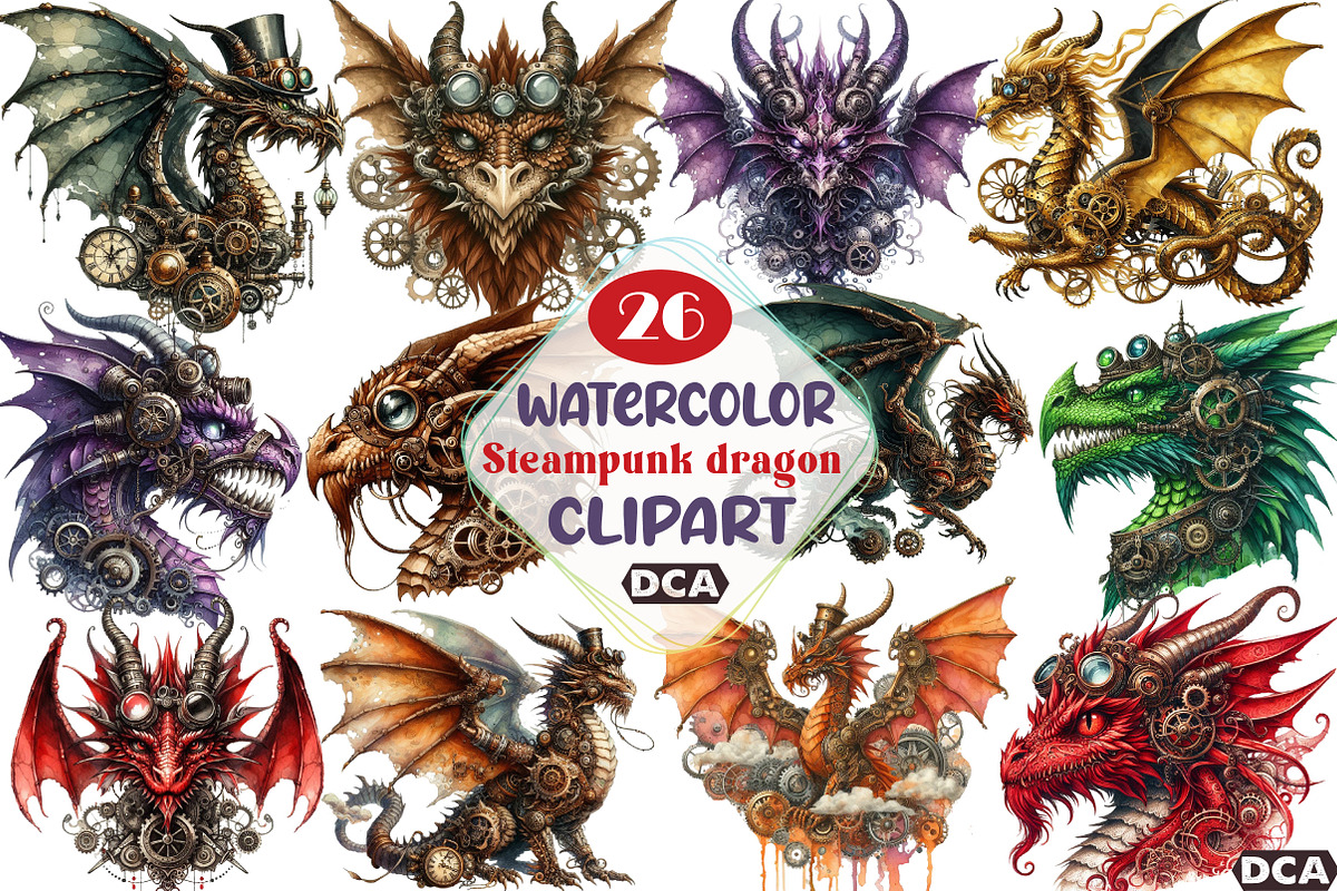 Watercolor Steampunk dragon Clipart, an Illustration by DreamCafeArt (Photo 1 of 5)