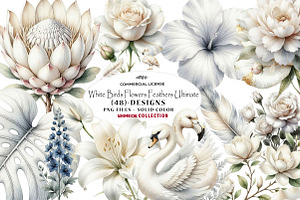 White Birds Flowers Feathers, a Seasonal Illustration by CreationArt