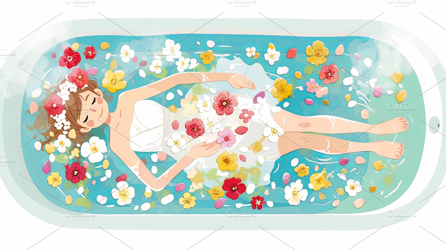 Elegant woman relaxing in flower-filled bath for spa and self-care moments, a Photo by AS photostudio