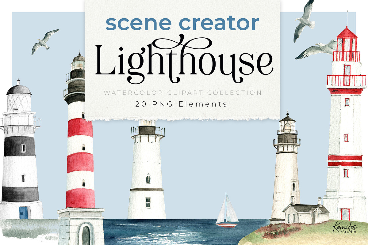 Watercolor Lighthouse Scene Creator, an Illustration by Kamides (Photo 1 of 6)