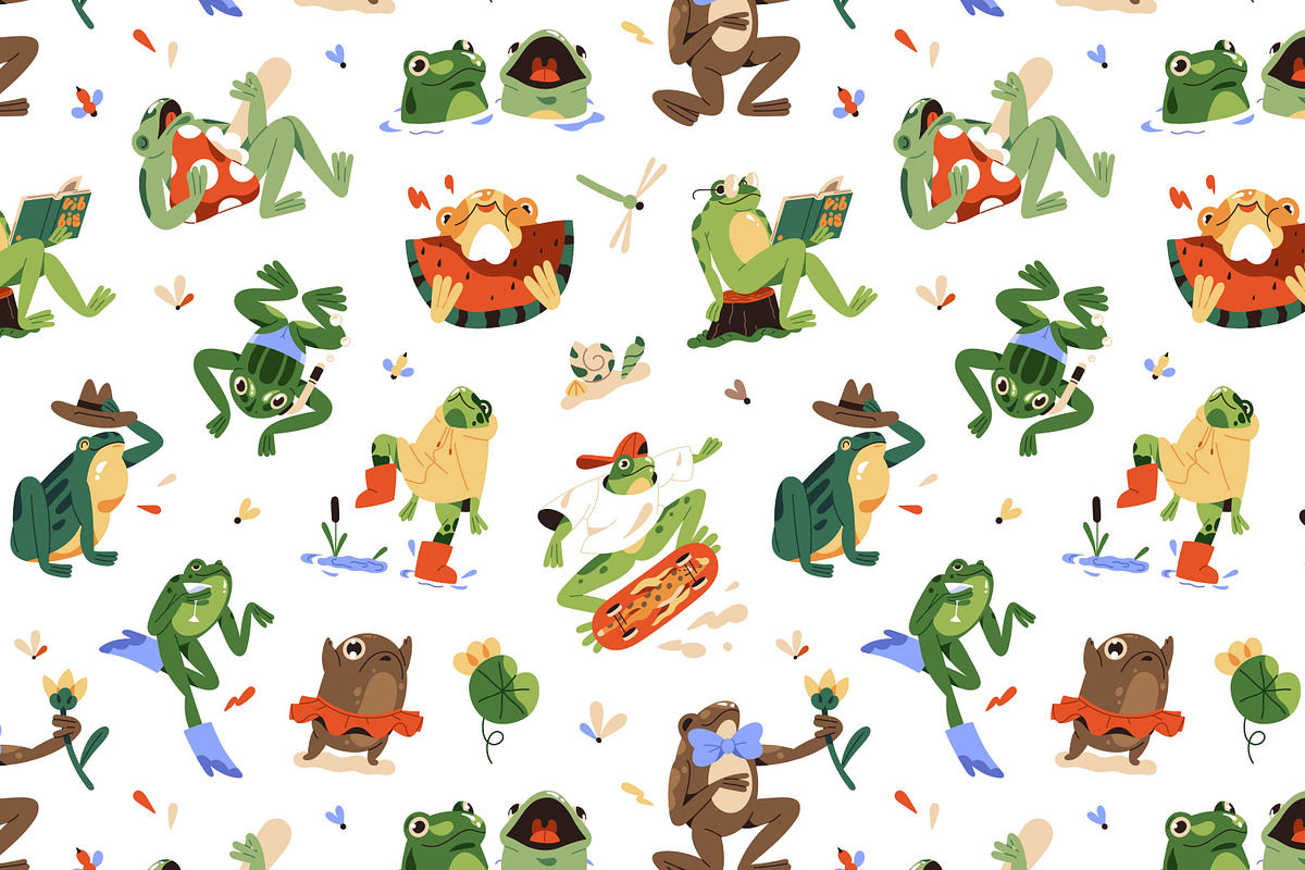 Funny frogs set + seamless patterns, an Animal Illustration by PaperTrident (Photo 5 of 5)