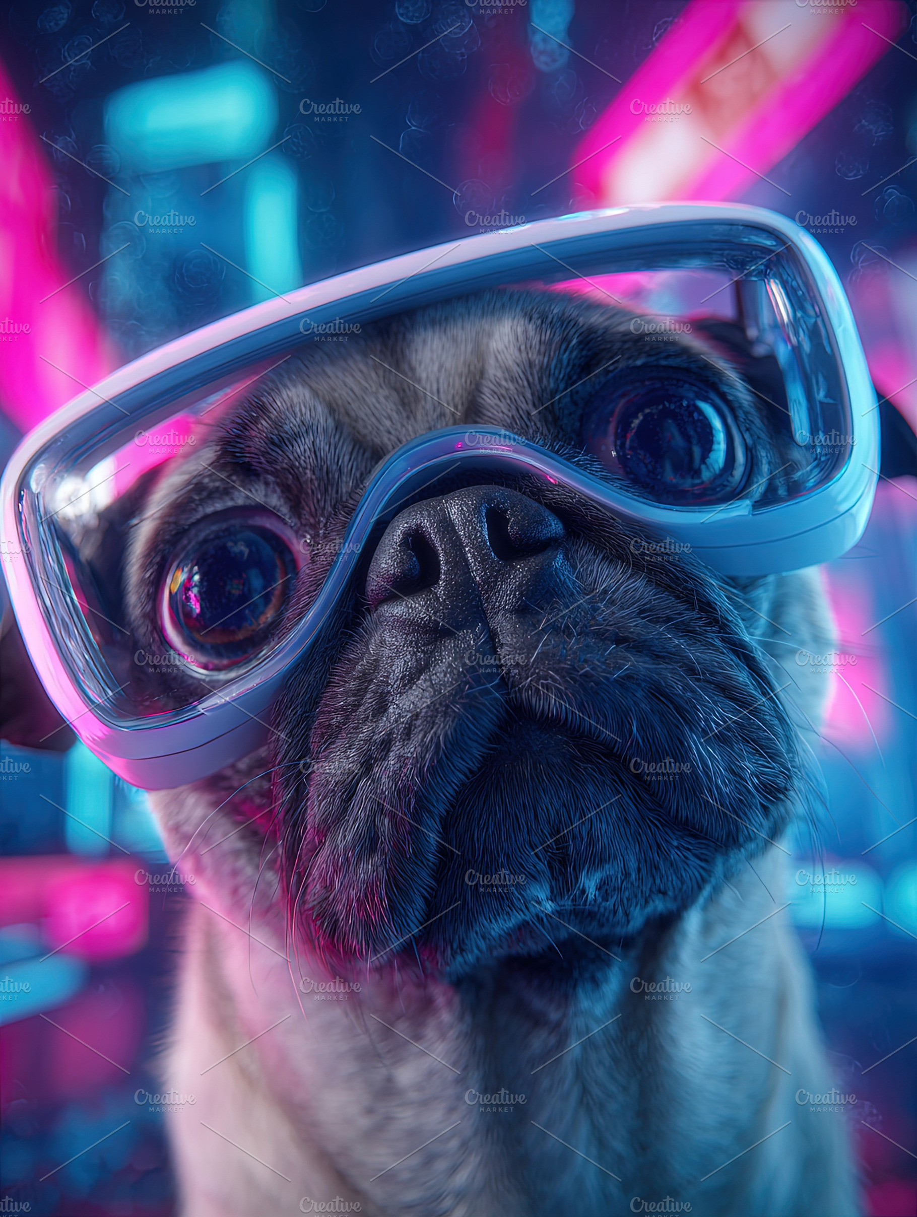 Adorable pug dog wearing large futuristic glasses with neon ligh, an Animal Photo by Ales Munt