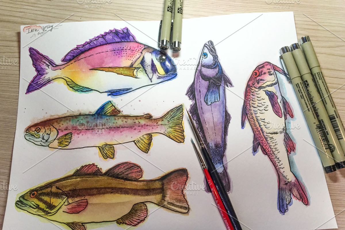 Watercolor Fish Clipart (big set), a Decorative Illustration by Sunshine Art Shop (Photo 13 of 13)