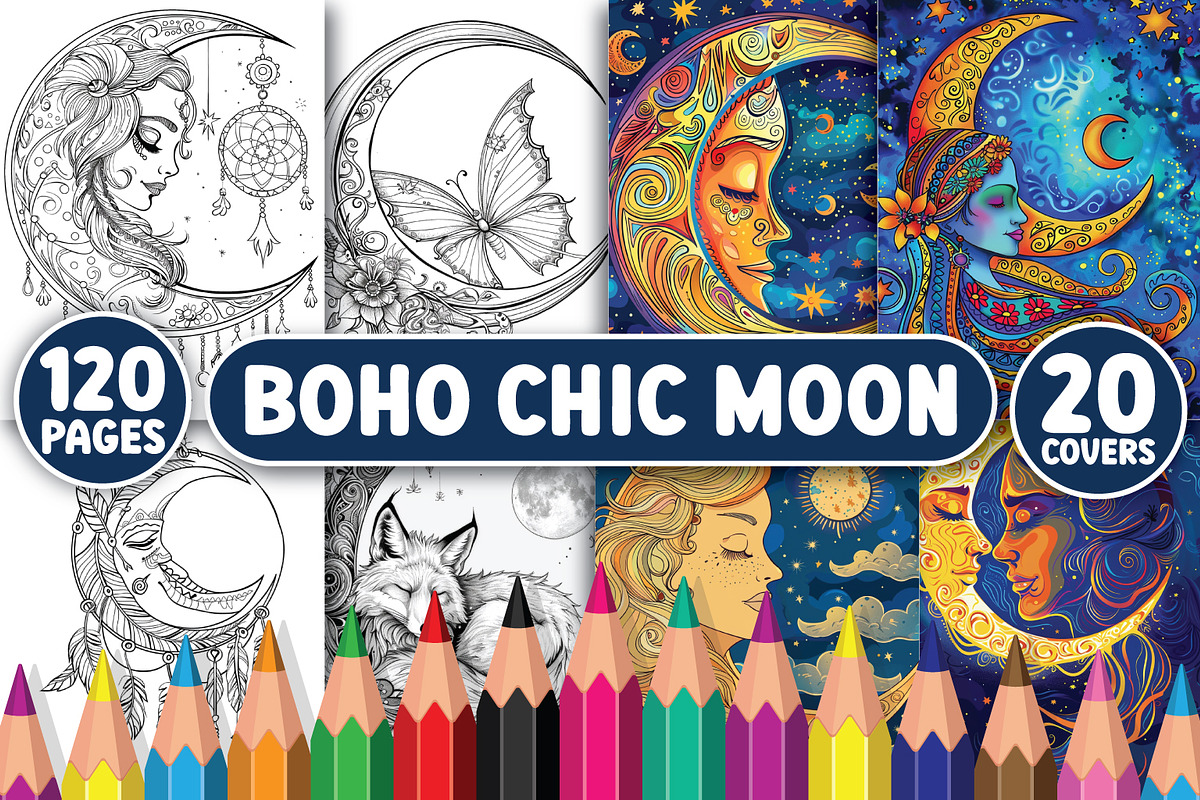 120 Boho Chic Moon Coloring Pages, an Illustration by BrightMart (Photo 1 of 3)
