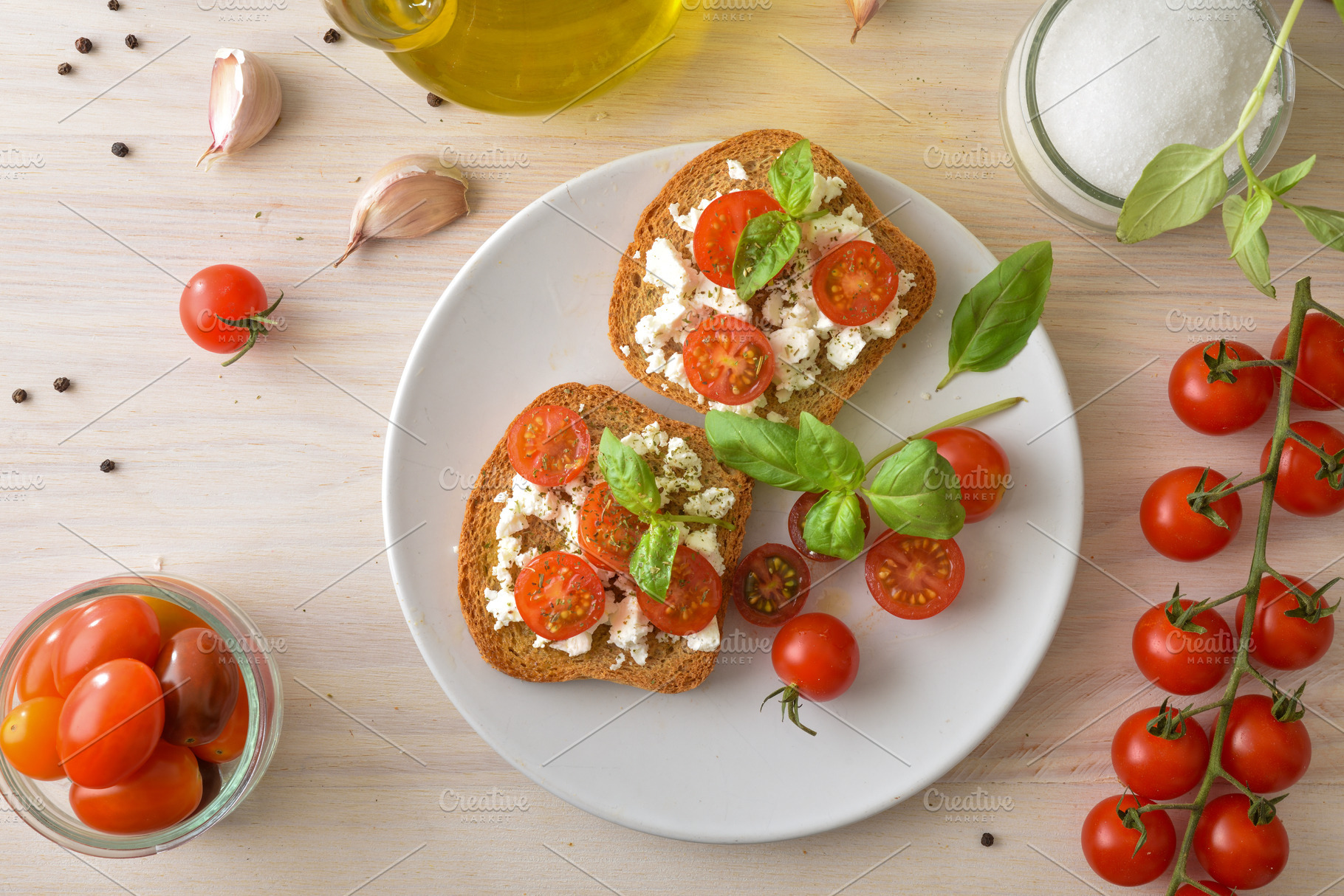 Overhead Tomato Ricotta Toast Breakfast, a Food & Drink Photo by Davizro's Market