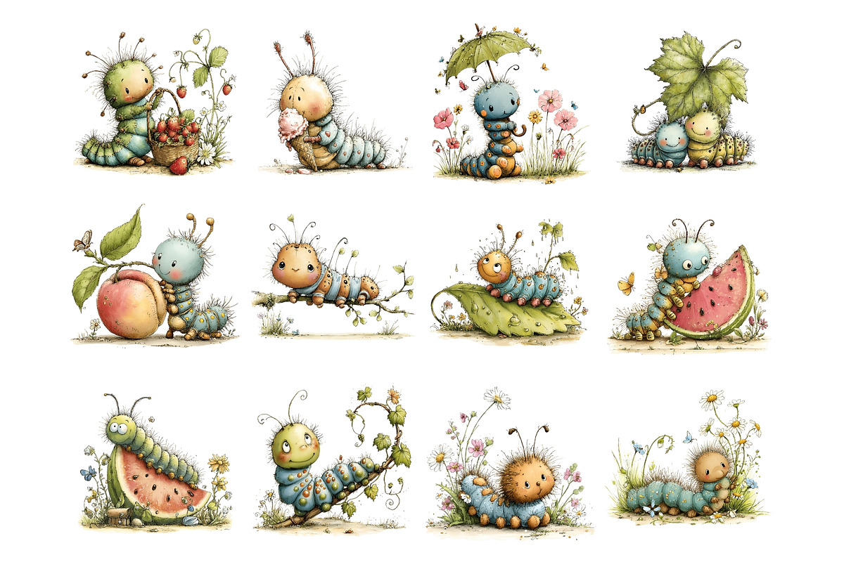 Summer Caterpillar Watercolor PNG, an Animal Illustration by Nicolle's Colorful Art (Photo 2 of 4)