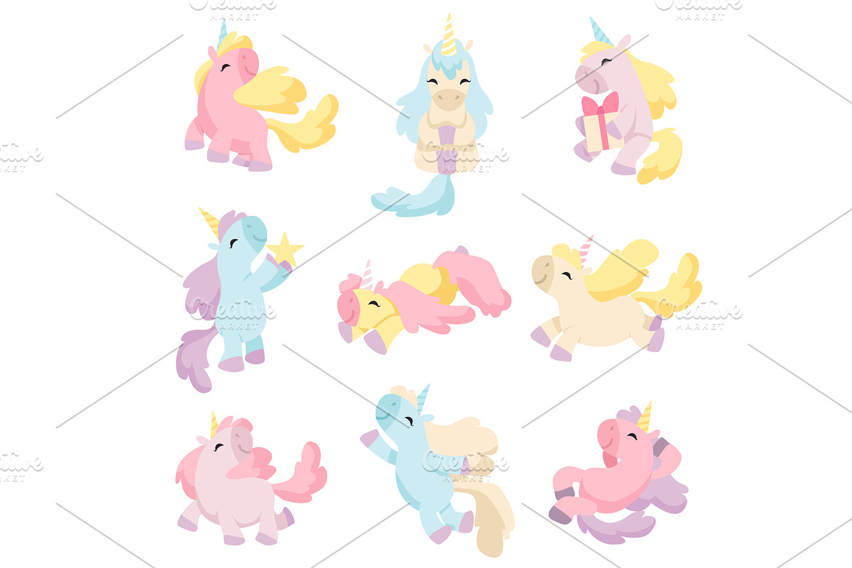Collection of Lovely Unicorns, Cute, an Animal Illustration by TopVectors