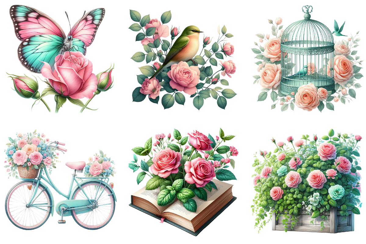 Mint and Pink Rose Garden Png, an Illustration by cherrydesign (Photo 2 of 3)