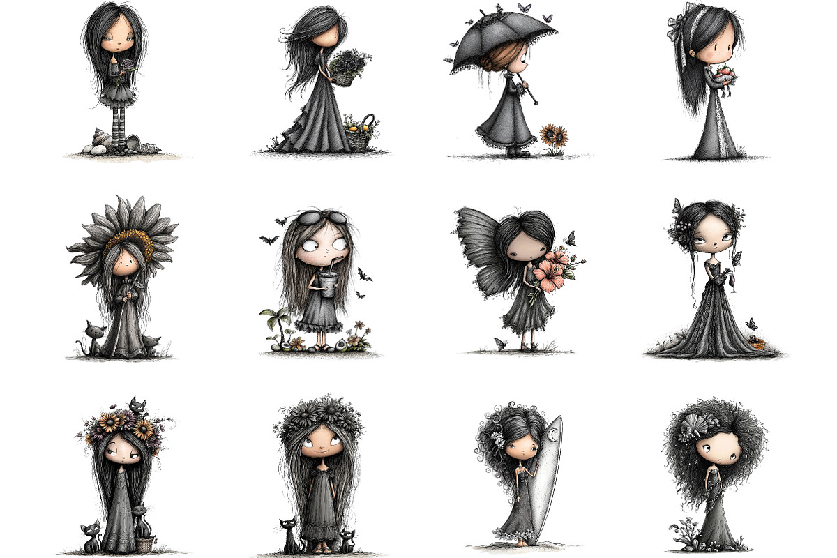 Cute Summer Gothic Girl Clipart, a Seasonal Illustration by Designking (Photo 2 of 5)