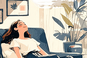 Relaxed young woman enjoying a peaceful moment in a cozy home setting, a Photo by AS photostudio