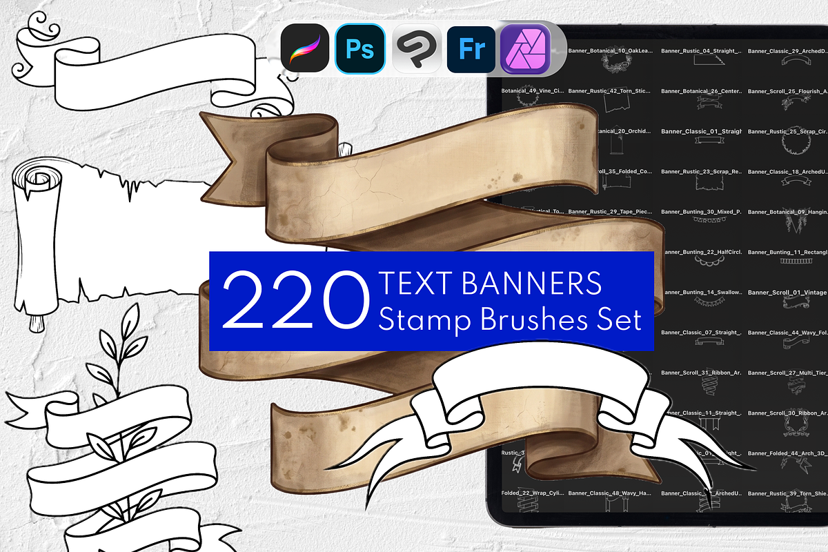 Text Banner Stamps Set for Procreate, a Brush Add-On by Selentaori Studio (Photo 1 of 11)