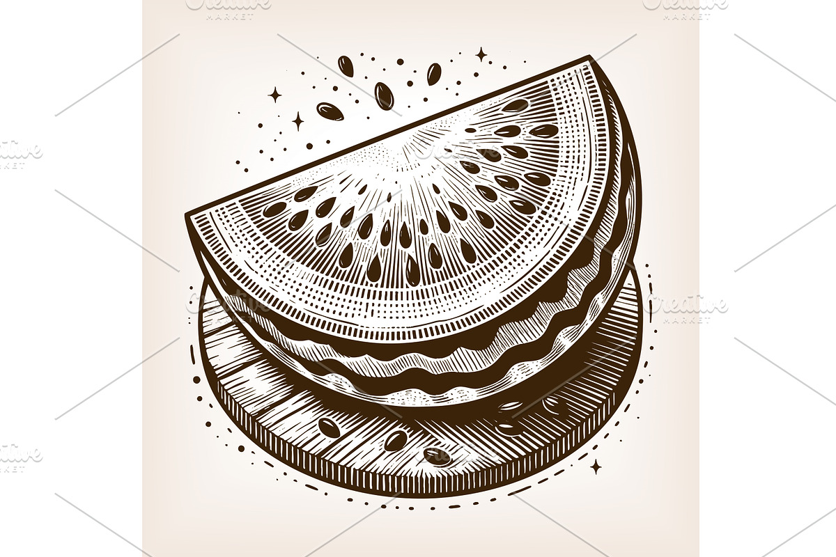 watermelon slice engraving vector, a Food Illustration by AlexArt