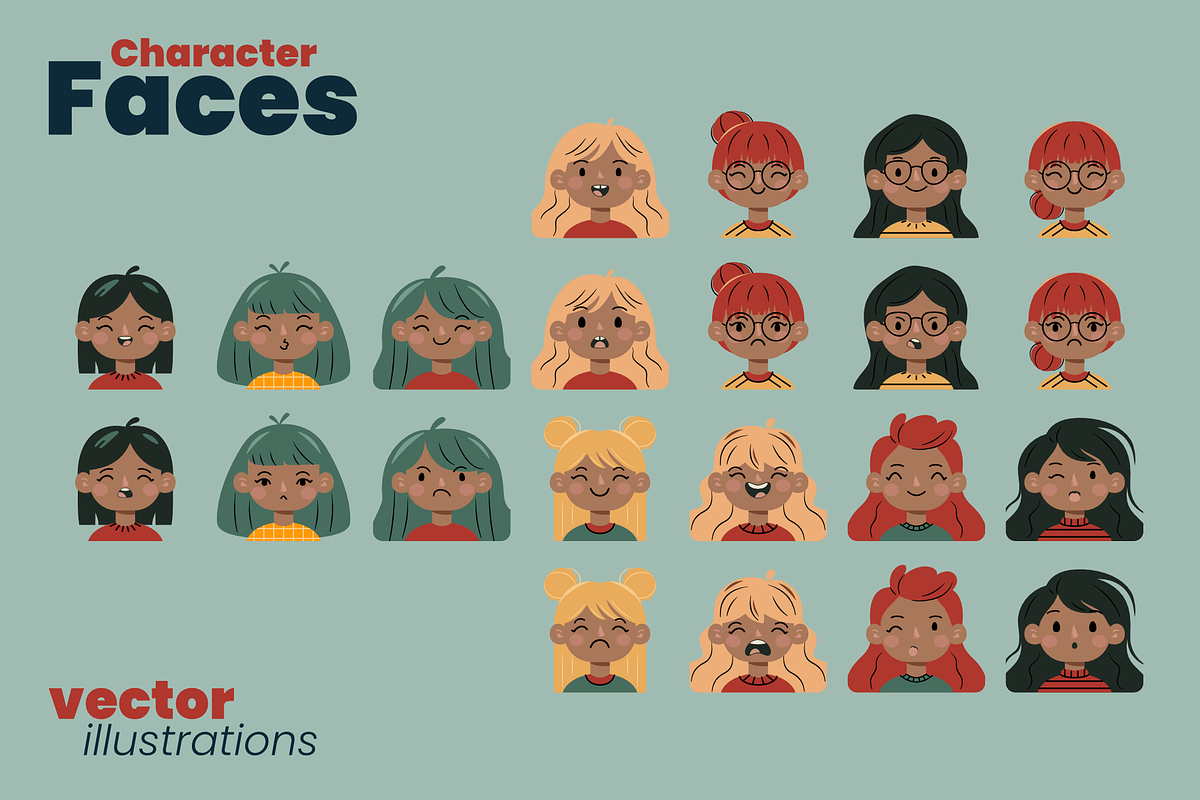 Character Faces Set, a Person Illustration by moja doodle (Photo 6 of 7)