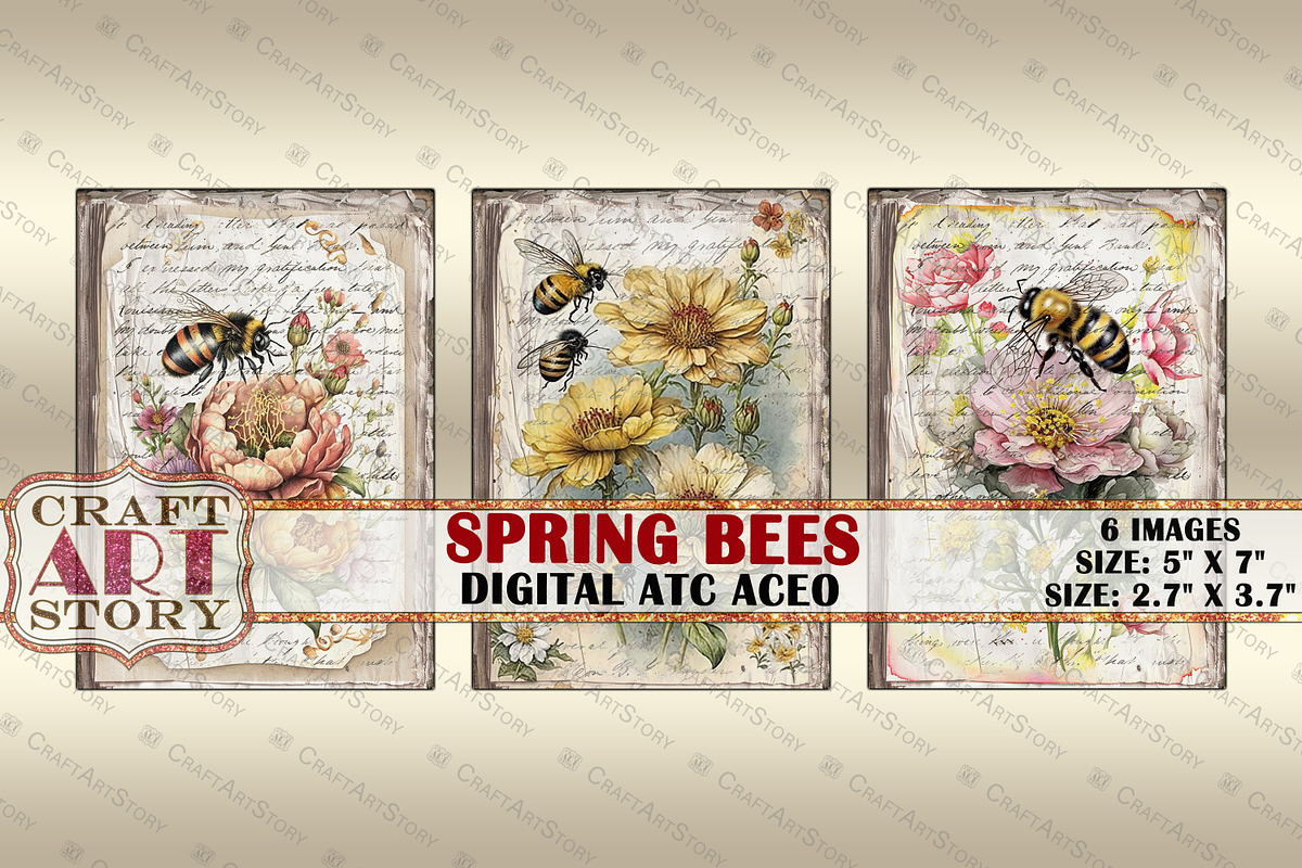 Spring bees card set,Collage insects, a Decorative Illustration by CraftArtStory (Photo 3 of 3)