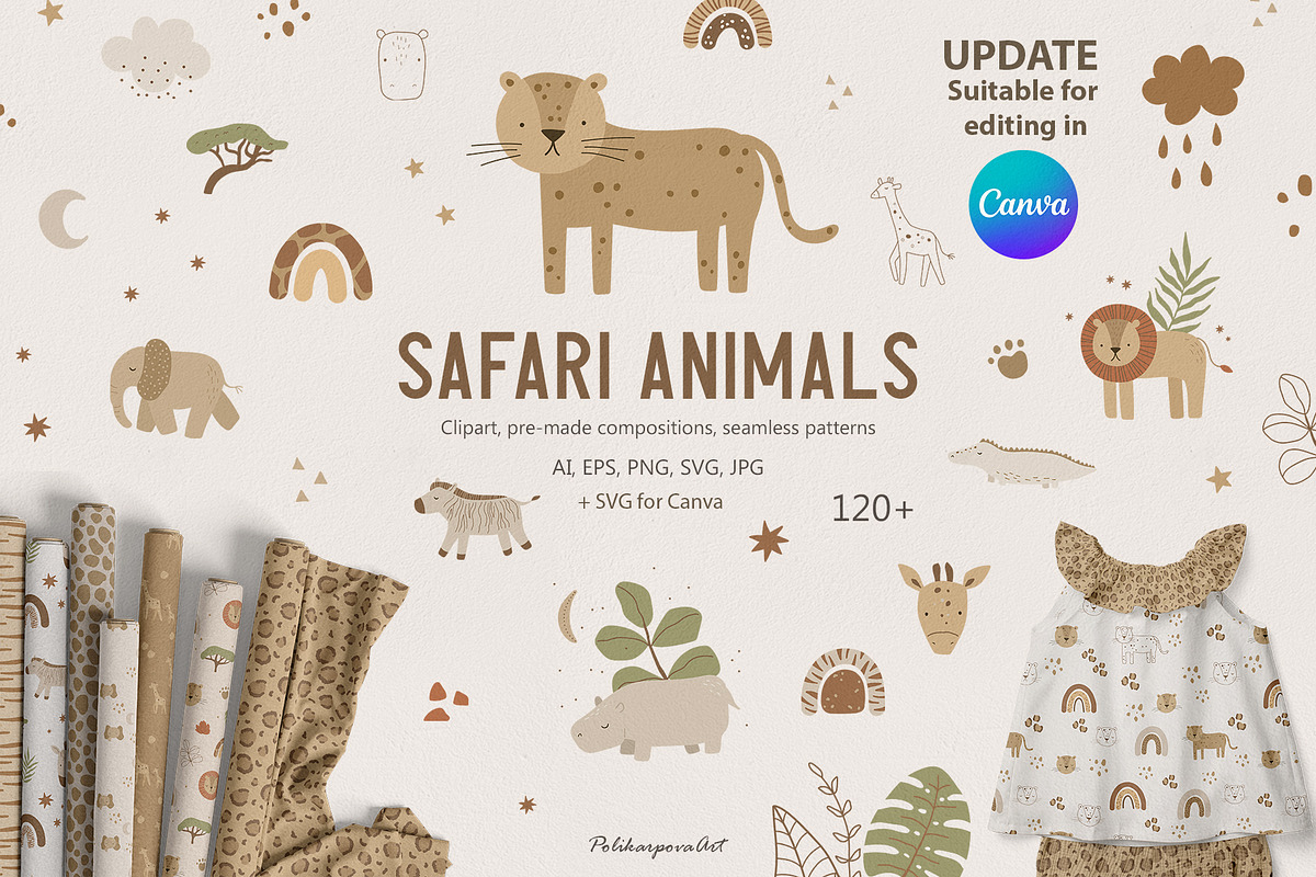 SAFARI ANIMALS clipart and patterns, an Animal Illustration by polikarpovaart (Photo 1 of 12)