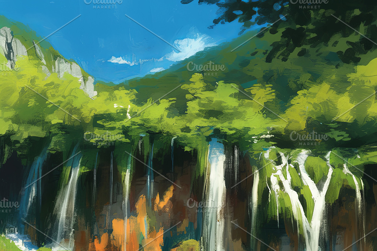 Two children explore a serene waterfall surrounded by lush greenery, an Illustration by AS photostudio