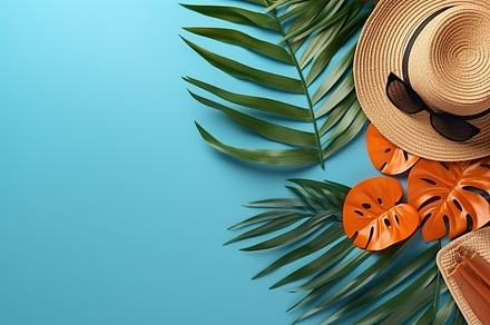 Summer hat with sunglasses, palm and monstera leaves. Summer time concept. Gene, a Beauty & Fashion Photo by AlyaAnd