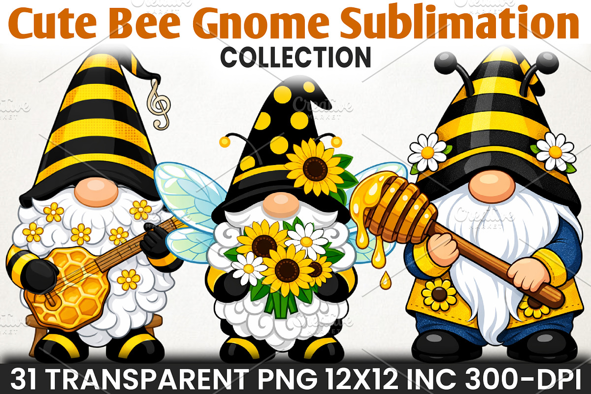 Cute Bee Gnome Sublimation Clipart, an Illustration by RobertsArt (Photo 1 of 5)