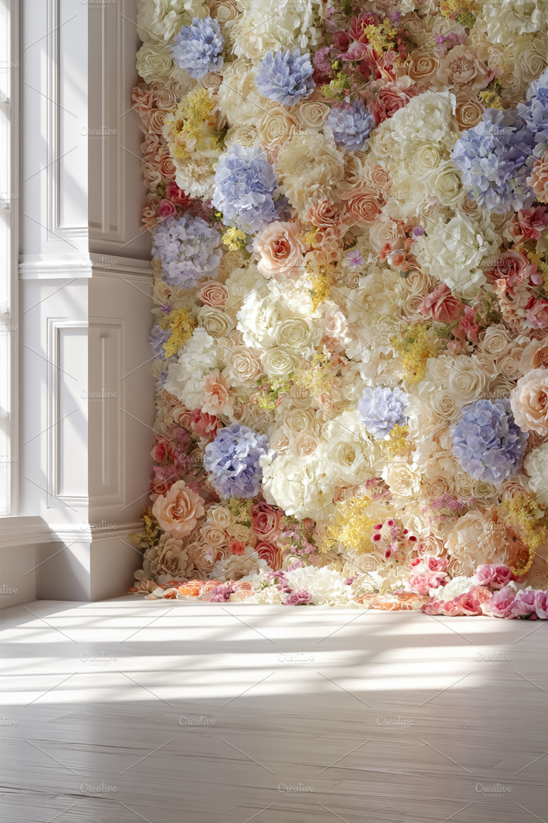 Flower wall full of colorful blossoms, including roses and hydra, a Photo by Studio ANNA