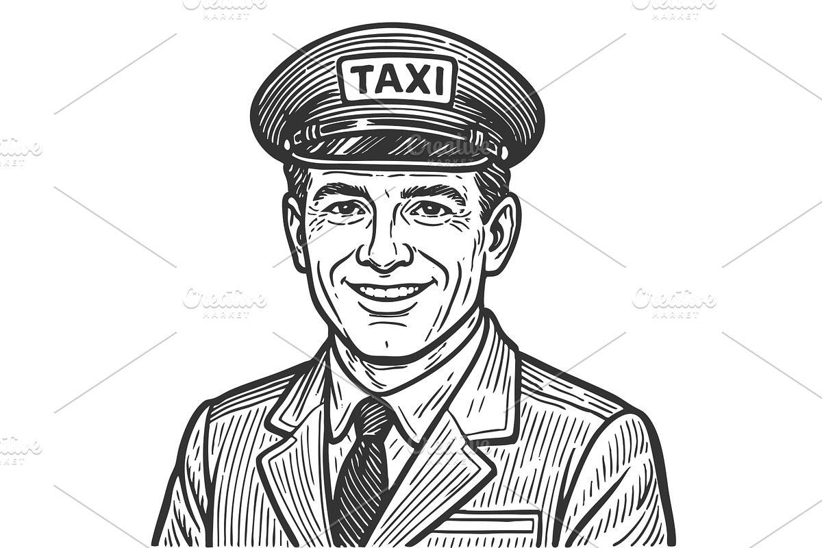 taxi driver engraving sketch vector, a Person Illustration by AlexArt