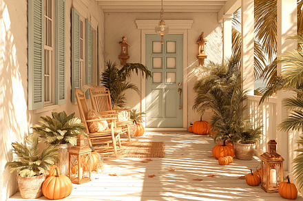 Serene Autumn Porch with Pumpkins, a Holiday Photo by Ocean Digital Art