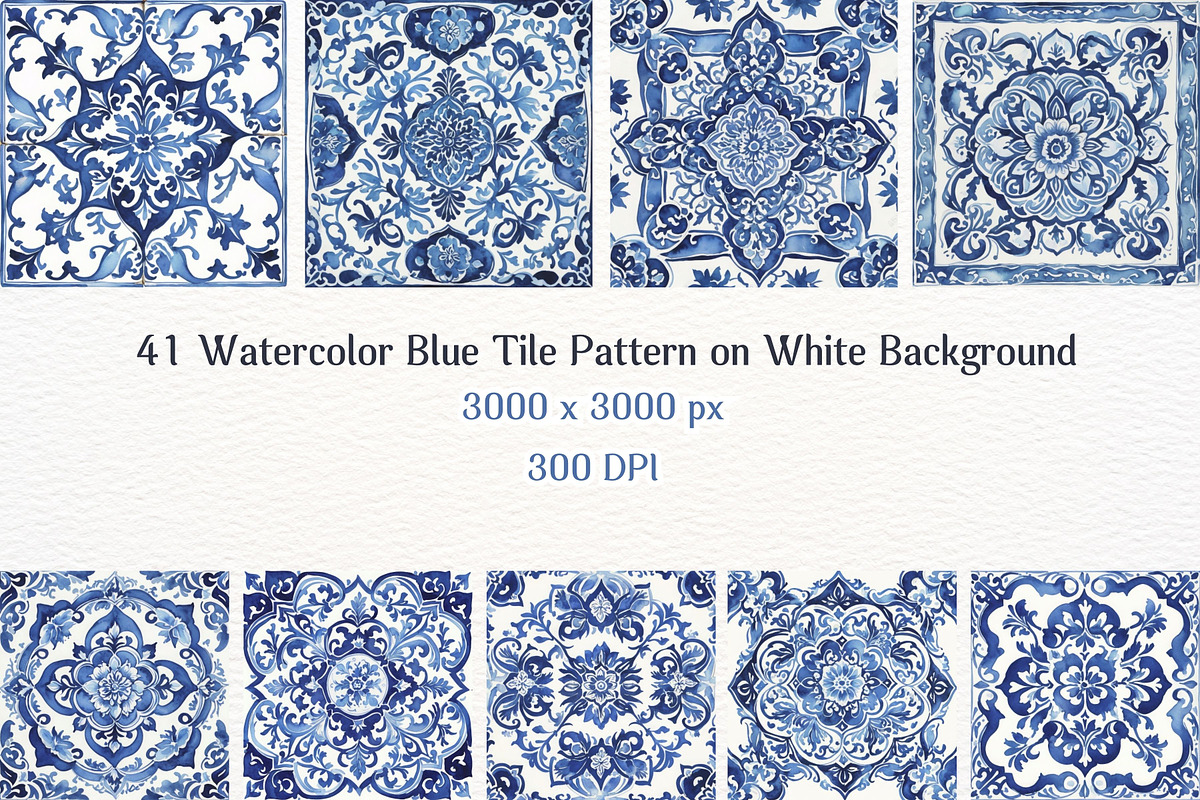 41JPG Watercolor Blue Tile Patterns, a Pattern Graphic by Vachira Digital Studio (Photo 5 of 5)