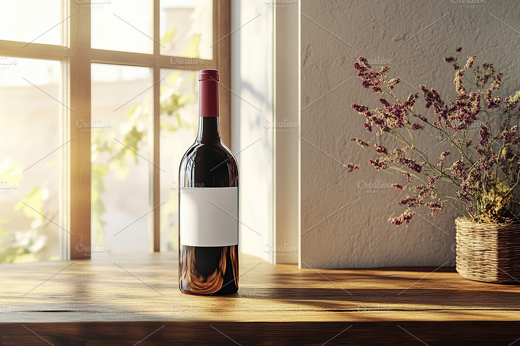 Elegant red wine bottle on wooden table by the window, a Food & Drink Photo by AlyaAnd