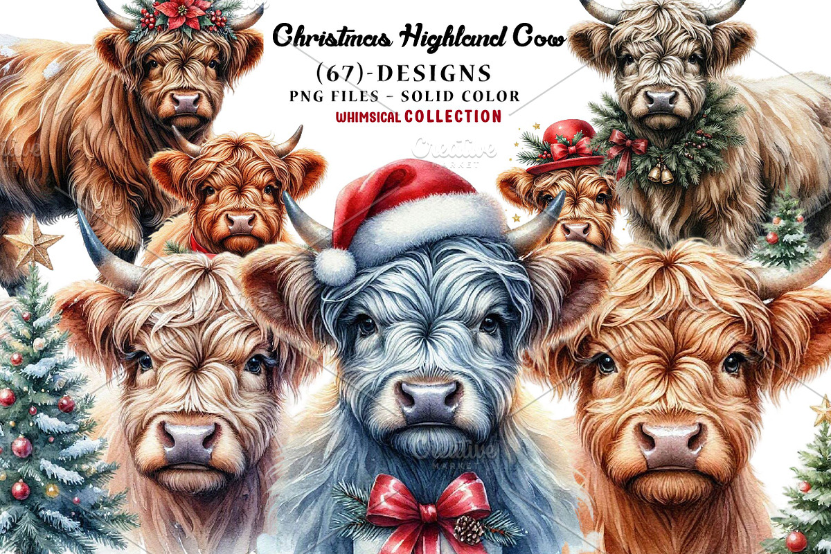 Christmas Highland Cow PNG Bundle, a Seasonal Illustration by CreationArt (Photo 1 of 7)