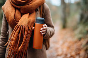 Walking through a forest trail on a cool day with a drink in hand, a Person Photo by AlyaAnd