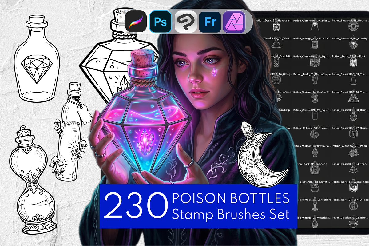 Potion & Poison Bottles Stamps, a Brush Add-On by Selentaori Studio (Photo 1 of 12)