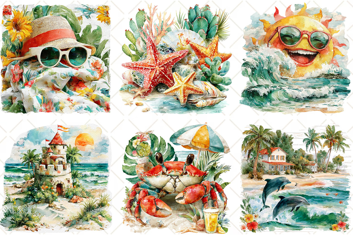 Watercolor Summer Beach Clipart, an Illustration by Black Bird Studio (Photo 4 of 5)