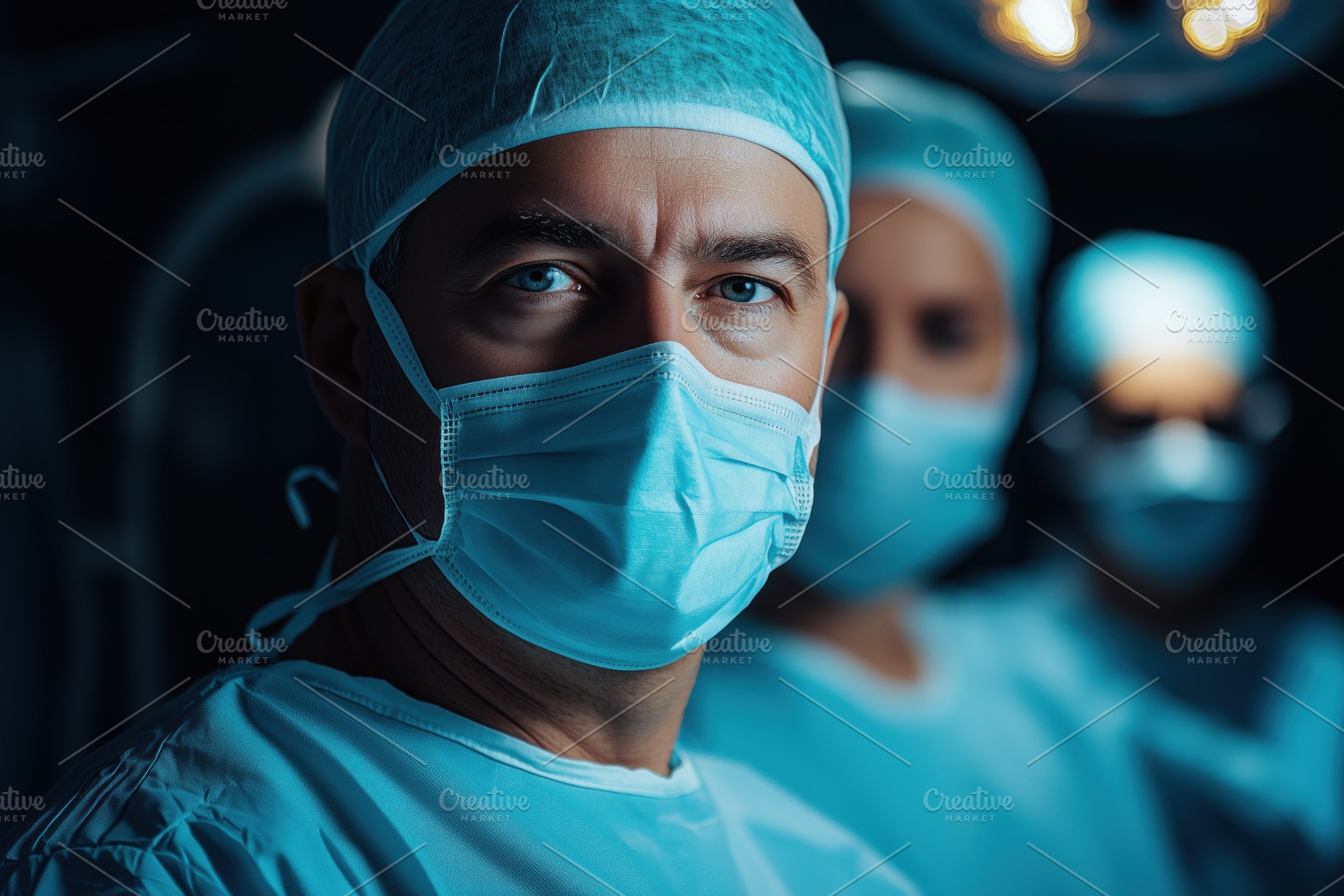 A focused neurosurgeon male surgeon wearing a surgical mask and cap, with two o, a Person Photo by Textures & Backgrounds