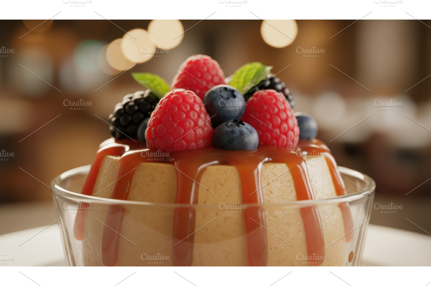 Creamy caramel custard topped with, a Food & Drink Photo by Igor Tichonow