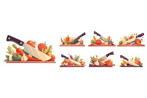 Set of cartoon cutting boards with, a Food Illustration by LadadikArt