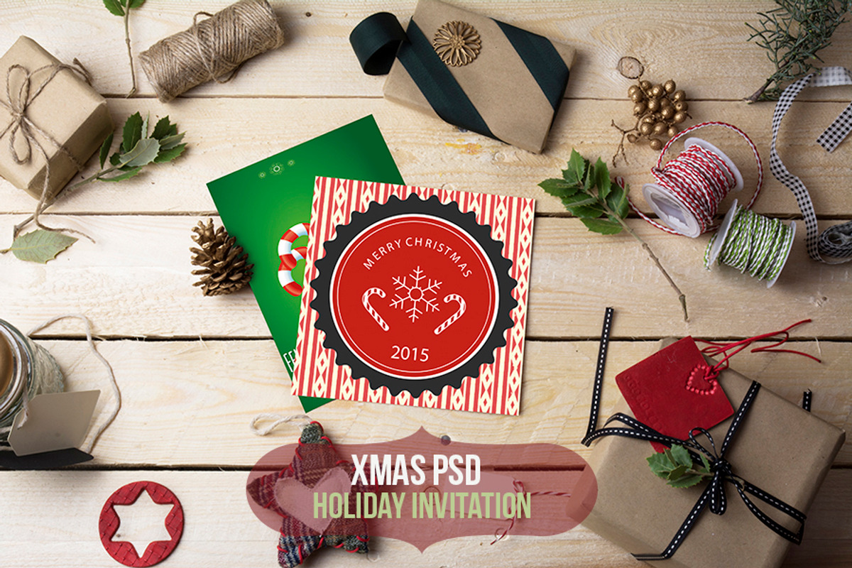 Xmas-Holiday invitation PSD mockup, a Print Template by JAY MID IMAGE (Photo 1 of 3)