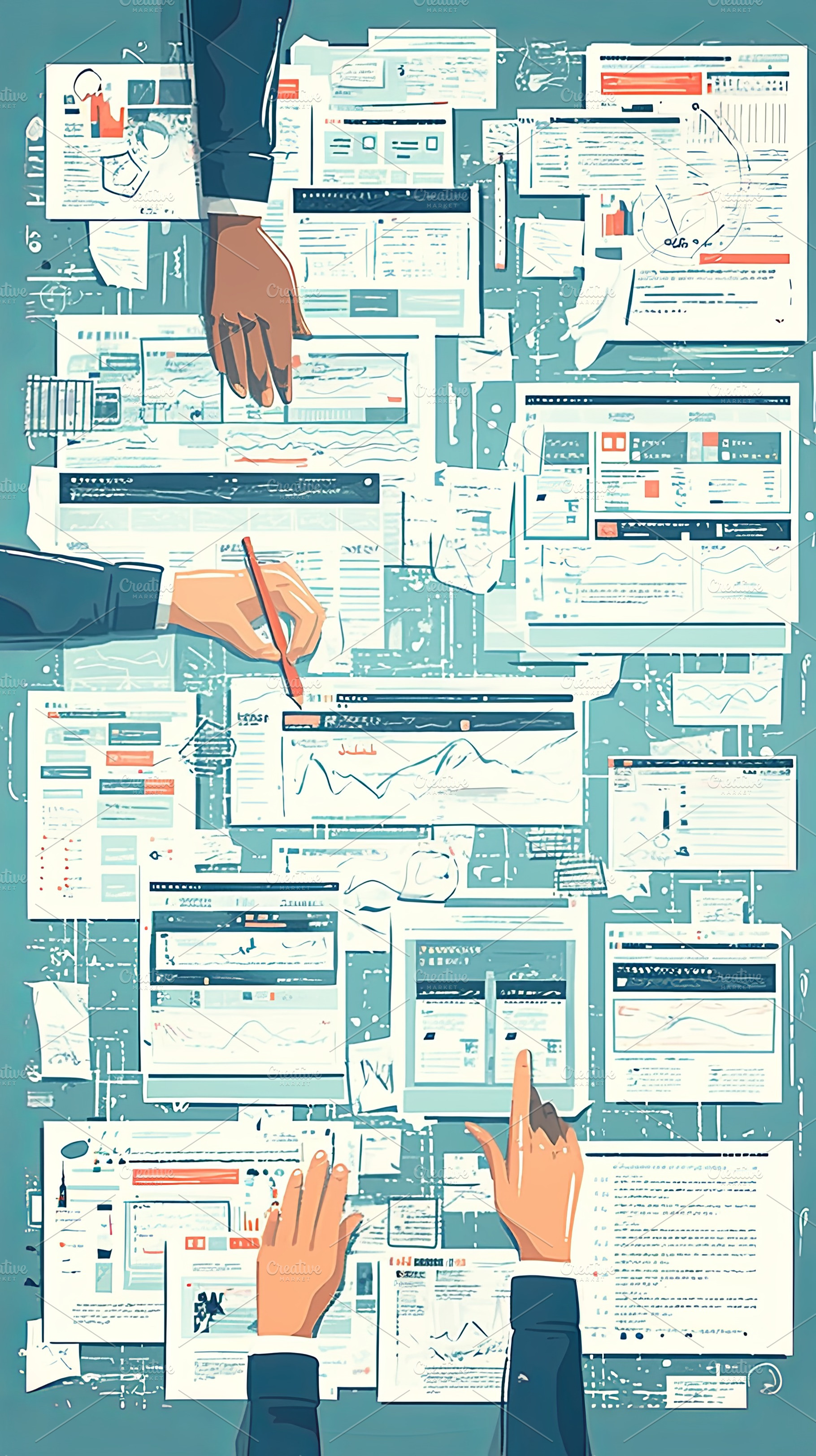 Team collaboration on web design projects with document analysis on blue backgr, a Photo by AS photostudio